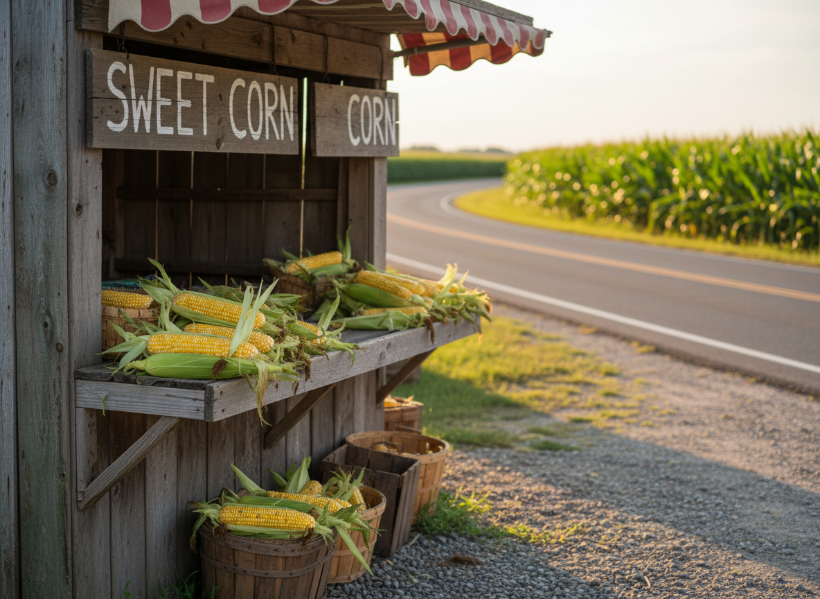 A vibrant roadside corn stand built from weathered wooden planks, its counter piled high with freshly picked yellow and bi-color corn still wrapped in crisp green husks and silky tassels. Hand-painted signs reading “Sweet Corn” hang from the awning. The stand sits at the edge of a gravel pull-off beside a gently curving country road, bordered by a lush, tall cornfield stretching into the distance. Warm golden hour sunlight bathes the scene, casting long, soft shadows and subtle highlights on the kernels. Photographic realism, eye-level composition with a slight three-quarter angle, moderate depth of field keeping the stand sharp while the road and field blur softly, creating a welcoming, nostalgic, and authentic farm-stand atmosphere.